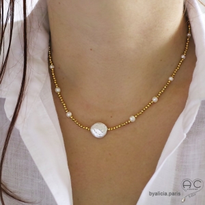 Collier en pyrite doré, perle baroque et petites perles de culture, fait main, création by Alicia