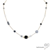 Collier onyx noir, spinelle, labradorite et perle, pierres fines sur une chaînette en plaqué or, femme, création by Alicia