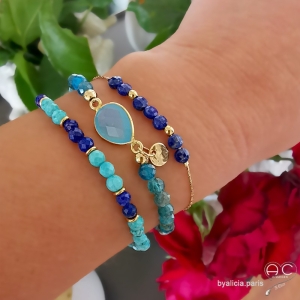 Bracelet en turquoise reconstituée et lapis lazuli, plaqué or, bohème, création by Alicia