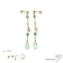 Boucles d\'oreilles prehnite et aventurine, chaîne en plaqué or, pierre naturelle verte, longues, pendantes, création by Alicia