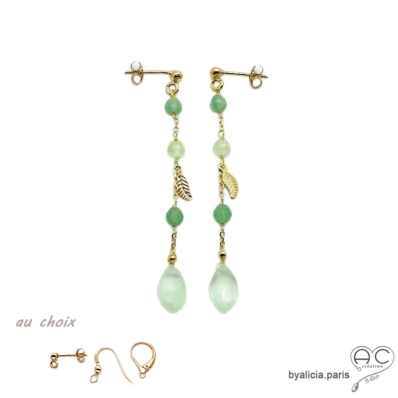 Boucles d'oreilles prehnite et aventurine, chaîne en plaqué or, pierre naturelle verte, longues, pendantes, création by Alicia