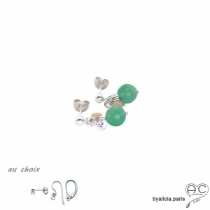 Boucles d'oreilles aventurine et petit brillant en cristal, argent massif, pierre naturelle verte, fait main, création by Alicia