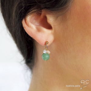 Boucles d'oreilles aventurine et petit brillant en cristal, plaqué or, pierre naturelle verte, fait main, création by Alicia