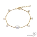 Bracelet fin perles blanches de culture d\'eau douce, pampilles, chaîne barrette plaqué or, fait main