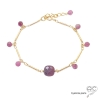 Bracelet fin rubis, pampilles tourmaline rose, chaîne barrette plaqué or, pierre semi-précieuse, fait main