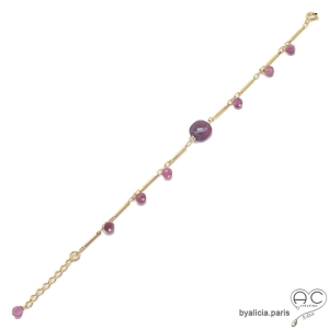 Bracelet fin rubis, pampilles tourmaline rose, chaîne barrette plaqué or, pierre semi-précieuse, fait main