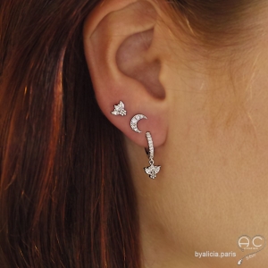 Puces d'oreilles croissant de lune, boucles d'oreilles brillantes en zirconium et argent massif, clous, femme