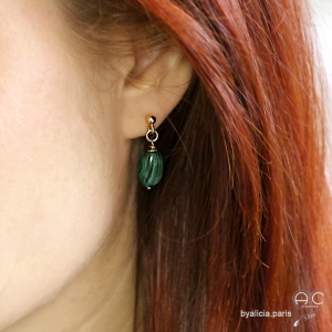 Boucles d'oreilles malachite, pendantes, plaqué or ou argent massif, pierre naturelle verte, fait main, création by Alicia