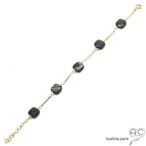 Bracelet hypersthène carrée, chaîne barrette plaqué or, pierre semi-précieuse, fait main