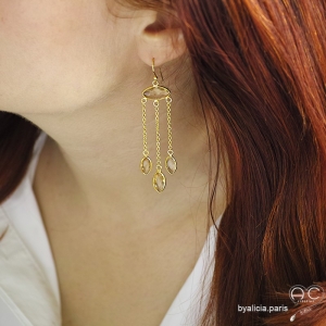 Boucles d'oreilles citrine, longues, pendantes, uniques, pierre semi-précieuse, argent massif doré à l'or fin 18K