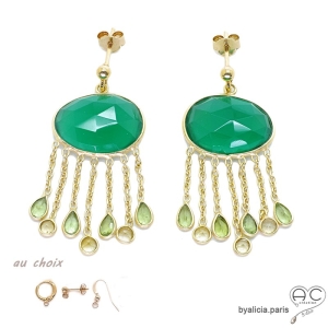 Boucles d'oreilles en onyx vert avec citrine et péridot, pierres fines, uniques, longues, argent massif doré à l'or fin 18K