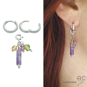 breloqué pendent violet pierre argent ras de cou créoles femme