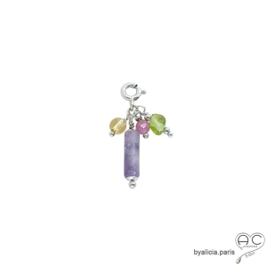 pierre violette lépidolite pendentif breloque violet argent fabriqué à la main en France