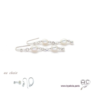 Boucles d'oreilles perles de culture blanche, chaîne maillon rond en argent massif rhodié, pendantes, création by Alicia