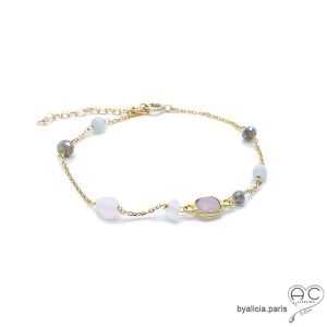 Bracelet calcédoine rose et oeil de chat, plaqué or, pierres fines, fait main, création by Alicia