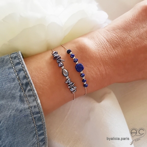 Bracelet fin lapis-lazuli, pierre naturelle sur une chaîne en argent massif rhodié, fait main, création by Alicia