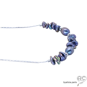 Collier perles d'eau douce gris-bleu irisée sur une chaîne en argent 925 rhodié, fait main, création by Alicia
