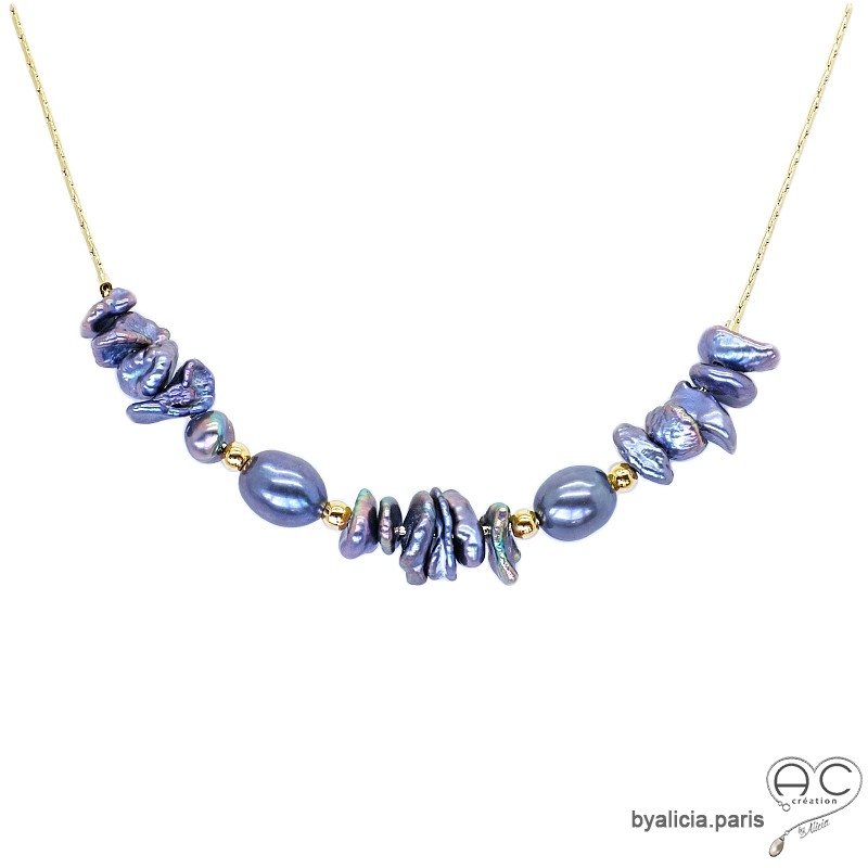 Collier perles d'eau douce gris-bleu irisée sur une chaîne en vermeil, fait main, création by Alicia