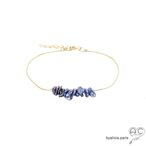 Bracelet perles d'eau douce gris-bleu irisée sur une chaîne en vermeil, fait main, création by Alicia