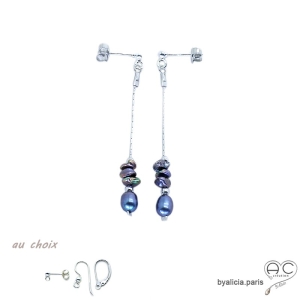 Boucles d'oreilles perle d'eau douce gris-bleu irisée sur une chaîne en argent 925 rhodié, fait main, création by Alicia