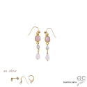 Boucles d\'oreilles calcédoine rose, plaqué or, cascade de pierres semi-précieuses, fait main, création by Alicia