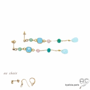Boucles d'oreilles calcédoine bleu, plaqué or, cascade de pierres semi-précieuses, fait main, création by Alicia