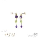 Boucles d\'oreilles améthyste et péridot, plaqué or, pierres semi-précieuses, fait main, création by Alicia