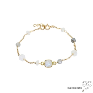Bracelet pierre de lune, plaqué or, pierre semi-précieuse, fait main, création by Alicia