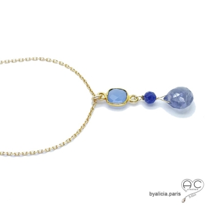 Collier, pendentif calcédoine bleue, iolite, plaqué or, cascade de pierres semi-précieuses, fait main, création by Alicia