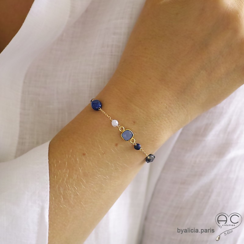 Bracelet calcédoine bleue, iolite, plaqué or, pierre semi-précieuse, fait main, création by Alicia