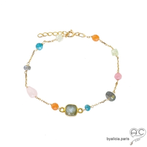 Bracelet pierres semi-précieuses multicolores, plaqué or, fait main, création by Alicia