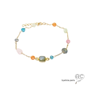 Bracelet pierres semi-précieuses multicolores, plaqué or, fait main, création by Alicia