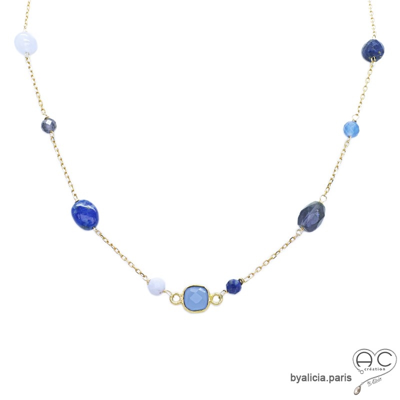 Collier calcédoine bleue, iolite, lapis-lazuli, chaîne en plaqué or, pierres semi-précieuses, fait main, création by Alicia