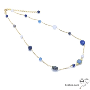 Collier calcédoine bleue, iolite, lapis-lazuli, chaîne en plaqué or, pierres semi-précieuses, fait main, création by Alicia