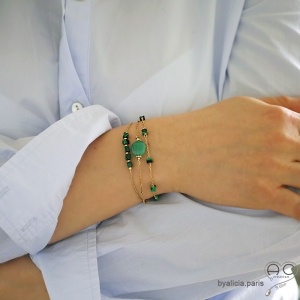 Bracelet avec malachite en cube sur une chaîne en vermeil ou argent massif rhodié, pierre naturelle verte, création by Alicia
