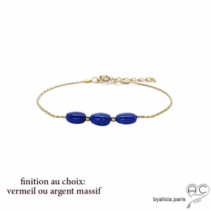 Bracelet lapis-lazuli ovale sur une chaîne fine vermeil ou argent, pierre naturelle bleue, création by Alicia
