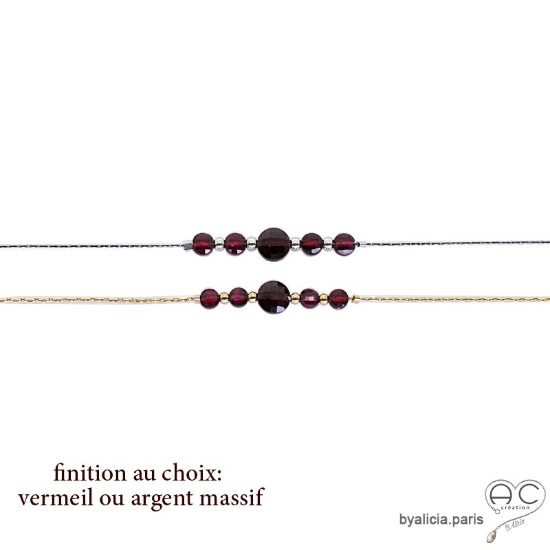 Bracelet grenat sur une chaîne fine en vermeil ou argent, pierre semi-précieuse rouge, création by Alicia