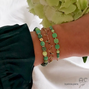 Bracelet agate verte et plaqué or, pierre naturelle, femme, gipsy, bohème, création by Alicia