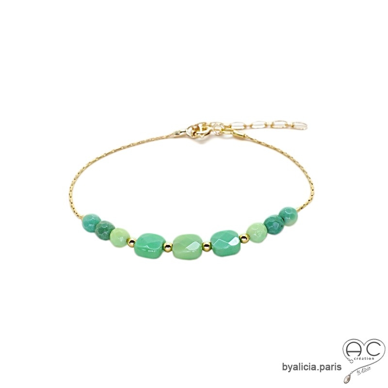 Bracelet fin agate verte sur une chaîne en vermeil, pierre naturelle, fait main, création by Alicia