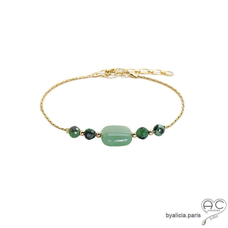 Bracelet aventurine et rubis zoïsite sur une chaîne en vermeil, pierre naturelle verte, fait main, création by Alicia