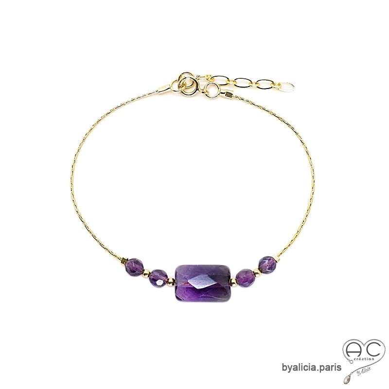 Bracelet améthyste sur une chaîne en vermeil, pierre naturelle violet, fait main, création by Alicia