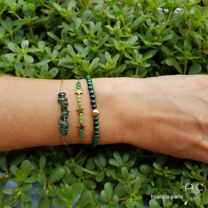 Bracelet malachite, pierres semi-précieuses vertes, plaqué or, femme, gipsy, bohème, création by Alicia