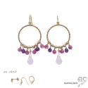 Boucles d\'oreilles anneaux avec pampilles en quartz rose et tourmaline, plaqué or, pierres fines, création by Alicia