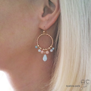 boucles d'oreilles grandes rondes avec pieres naturelles amazonite et pierre de soleil réalisées à la main sur mesure