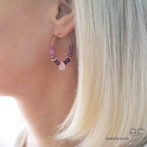 Créoles tourmaline rose, améthyste, plaqué or, pierres fines, boucles d'oreilles, fait main, création by Alicia