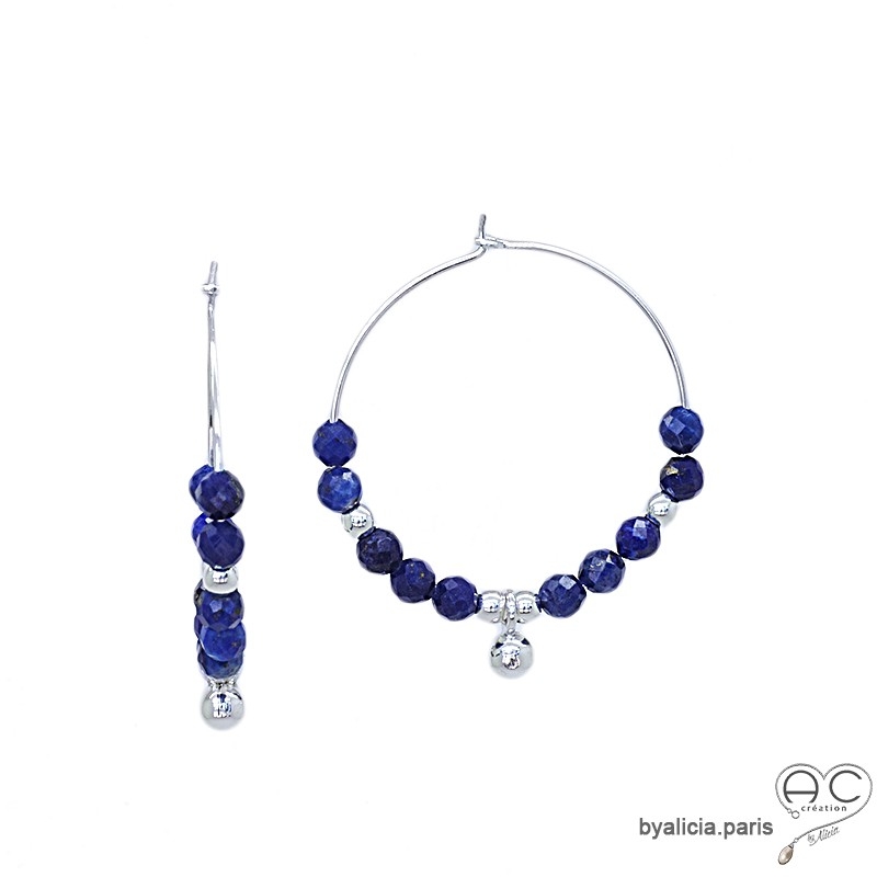 Créoles lapis lazuli et pampille boule en argent 925, boucles d'oreilles, pierre fine, fait main, création by Alicia