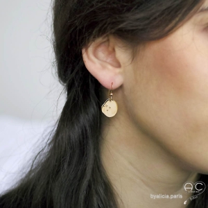 boucles d'oreilles pendante medaille ronde étoiles plaque or 750 3MIC mini créoles femme