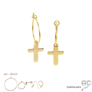 Boucles d'oreilles croix en plaqué or, mini créoles avec pendent, choix des différentes attaches