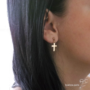 Boucles d'oreilles croix en plaqué or, mini créoles avec pendent, choix des différentes attaches