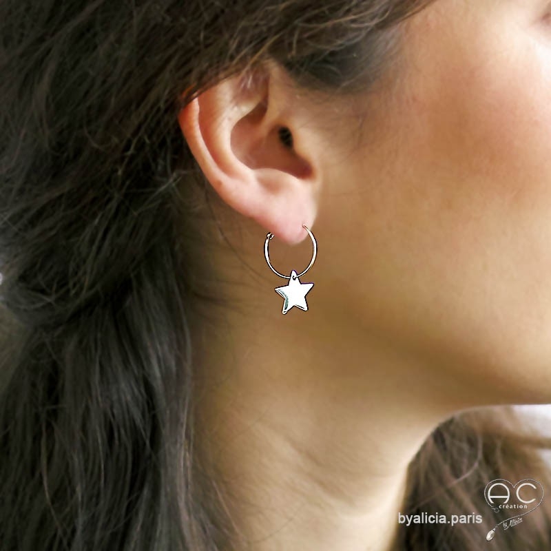 Boucles d'oreilles avec pendent étoile en argent massif, mini créoles, choix des différentes attaches